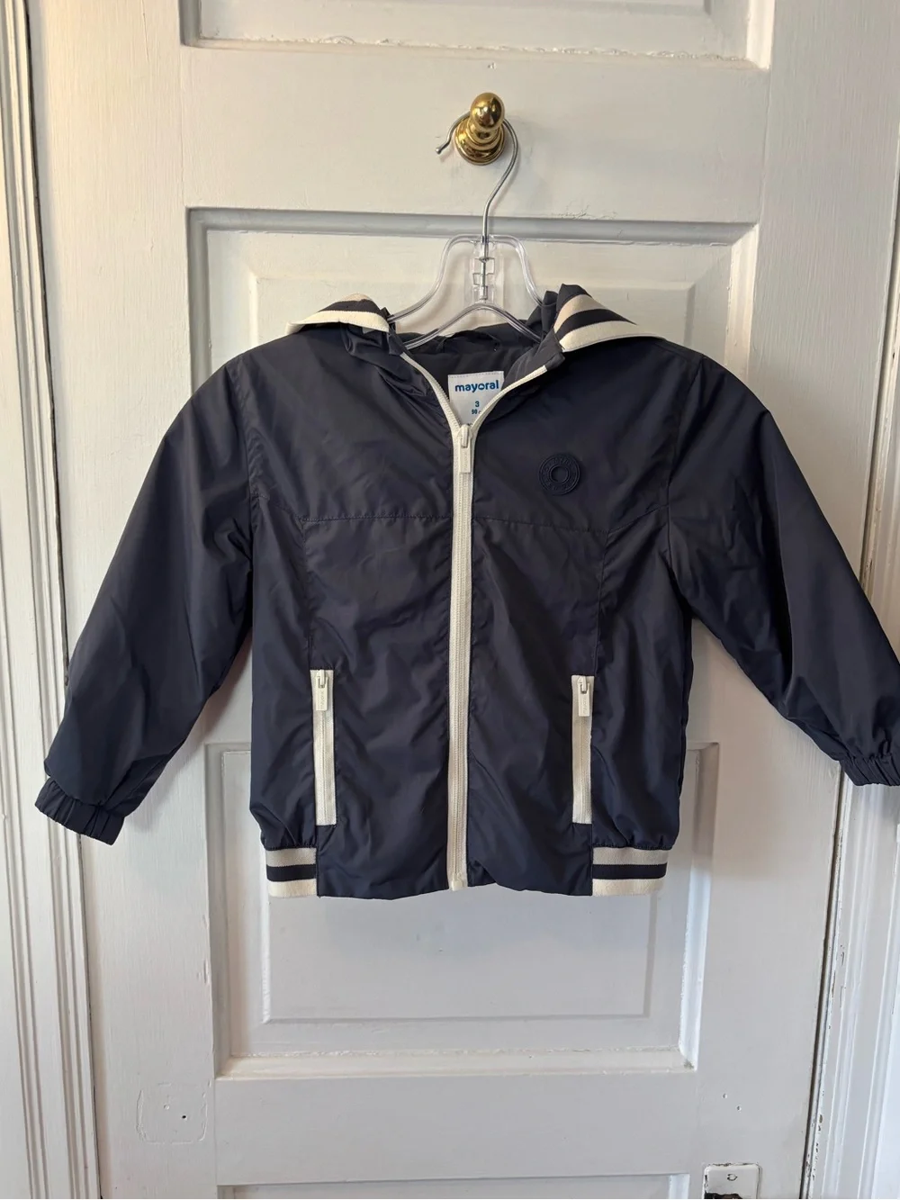 Mayoral Navy Windbreaker Jacket White Full Zip Hooded Classic Preppy SS24